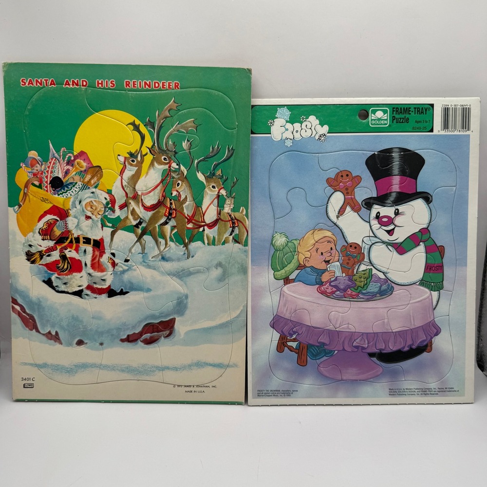 Lowe Golden Frame Tray Puzzle Kids Vintage Christmas Set Frosty Santa Reindeer